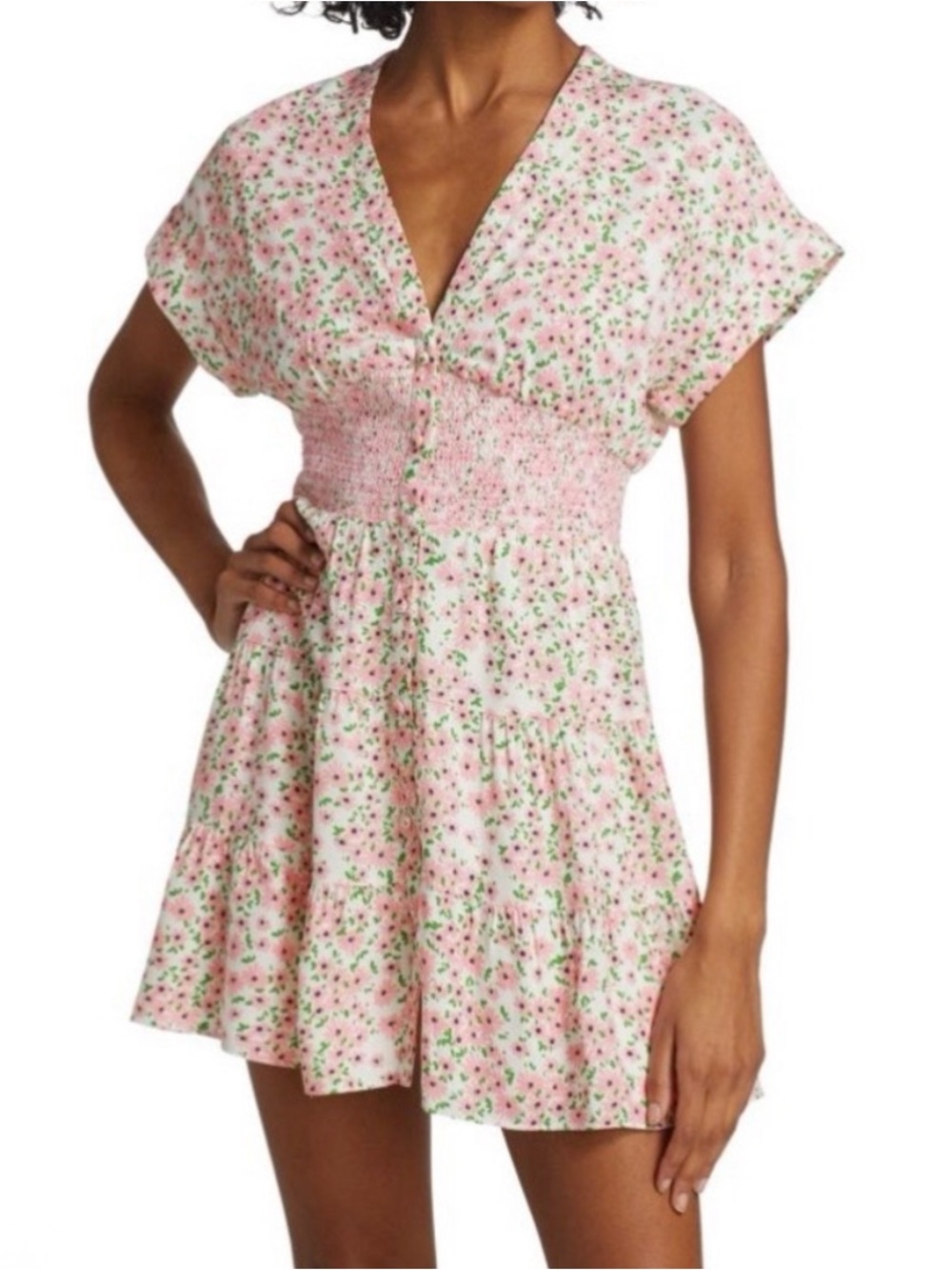 Alice + Olivia Pink Floral Smocked Waist Button Front Mini Dress